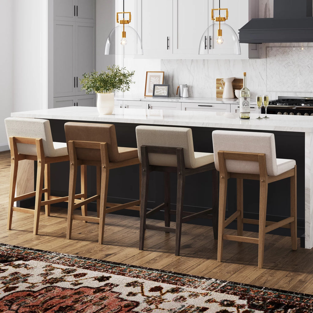 Counter Height Bar Stool with Back Upholstered Boucle Linen White Light Brown Q526