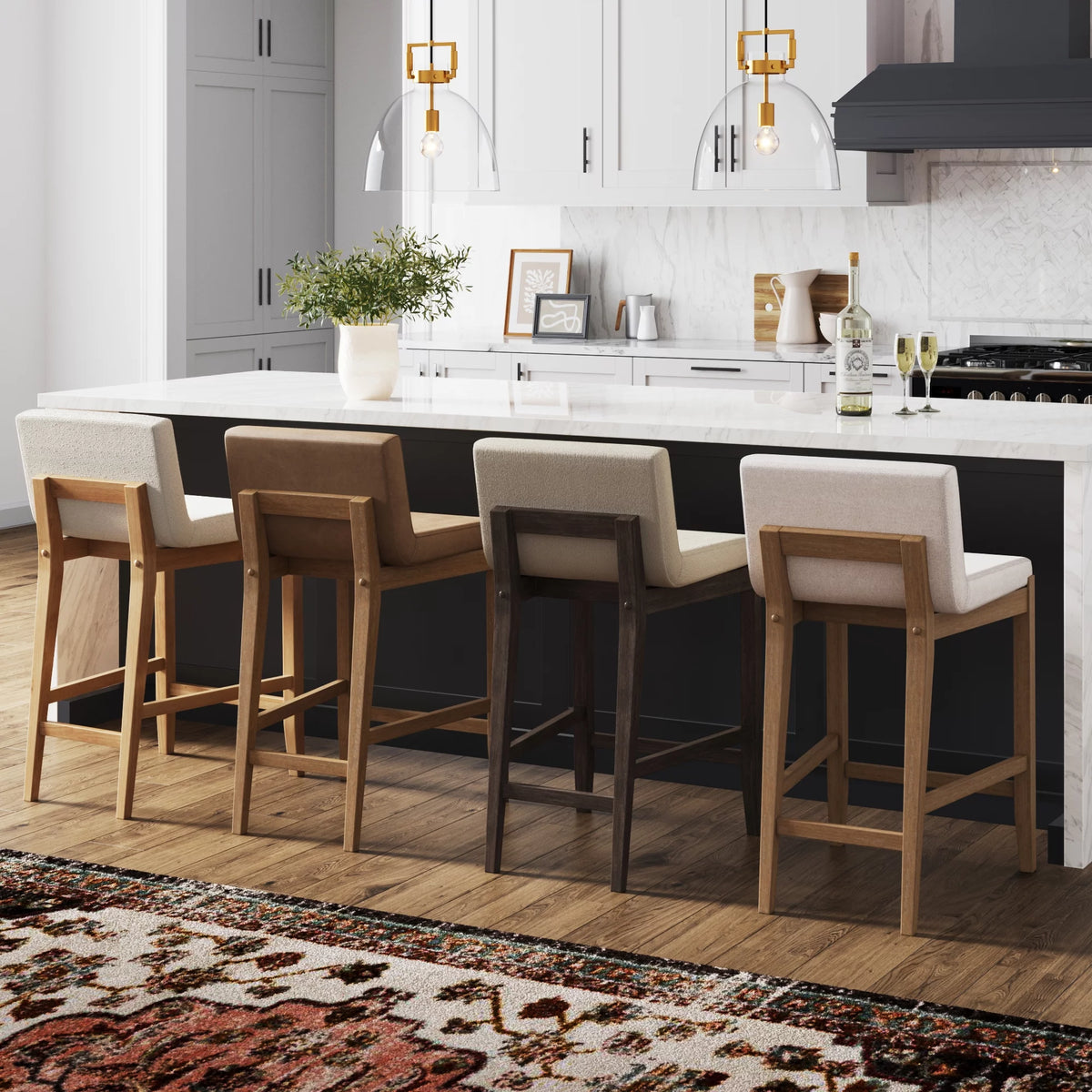 Counter Height Bar Stool with Back Upholstered Boucle Linen White Light Brown Q526