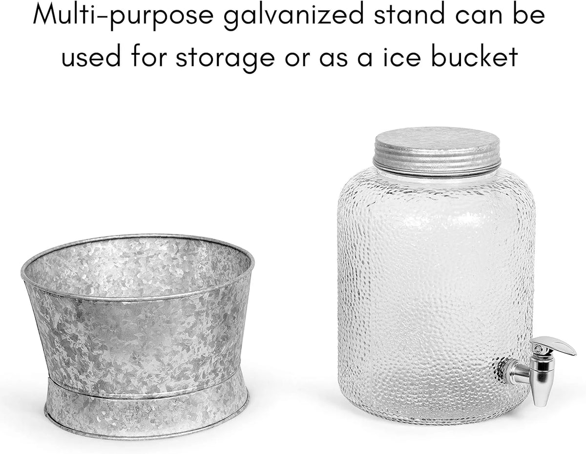 Pebbled Glass Beverage Dispenser With Galvanized Stand O607