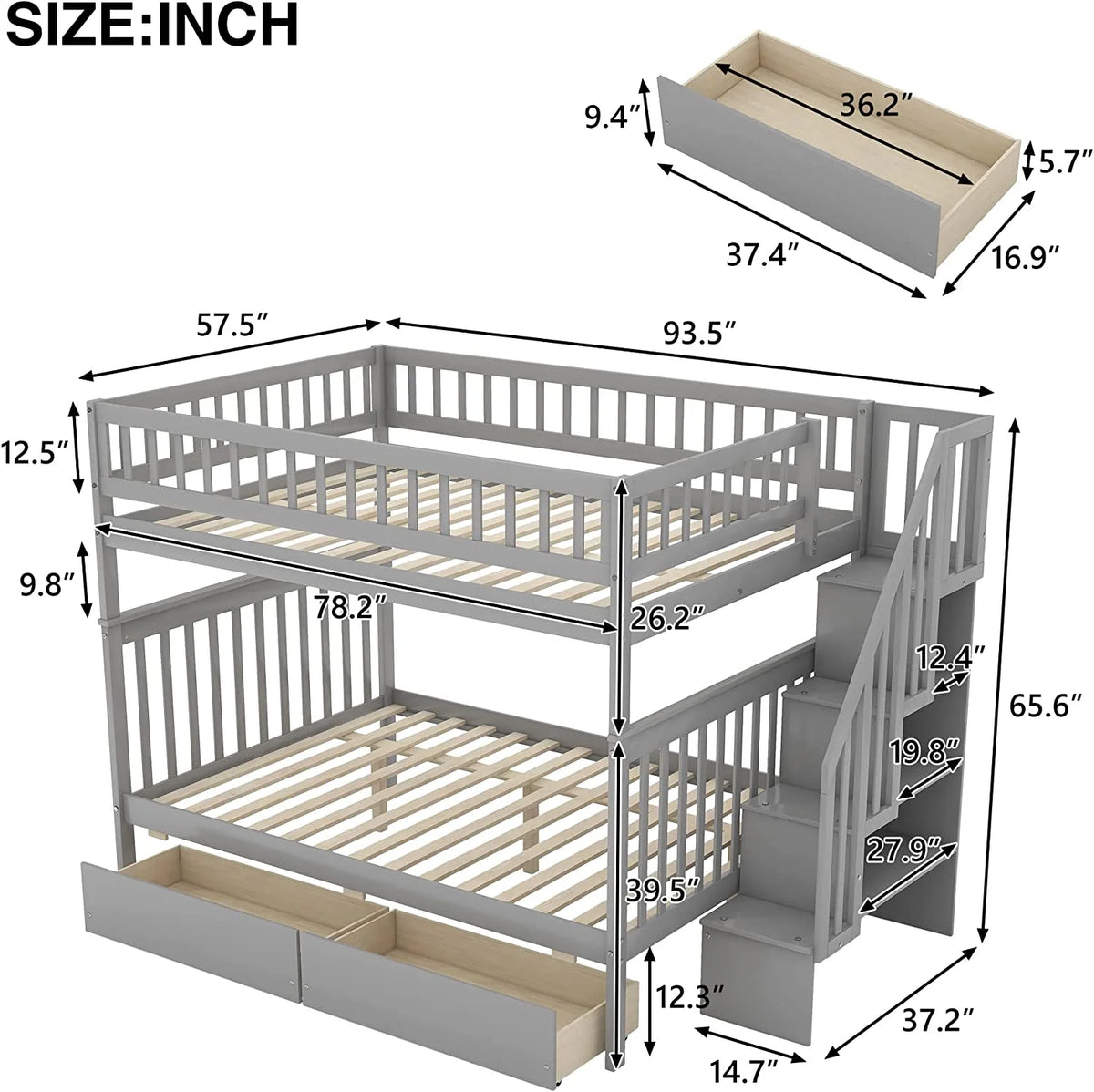 Full Over Full Solid Wood Bunk Bed with Stairs and Storage Drawers P22437