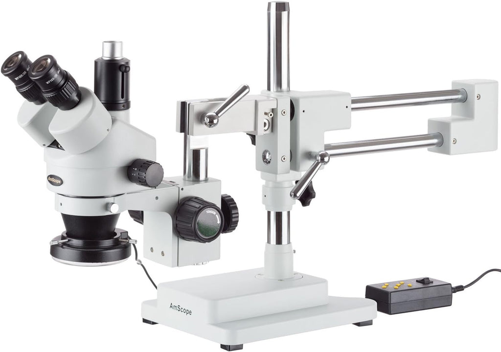 Trinocular Stereo Zoom Microscope, 3.5X-90X Magnification, 0.7X-4.5X Zoom Objective, LED Ring Light, Double-Arm Boom Stand, 0.5X and 2.0X Barlow Lens N975263