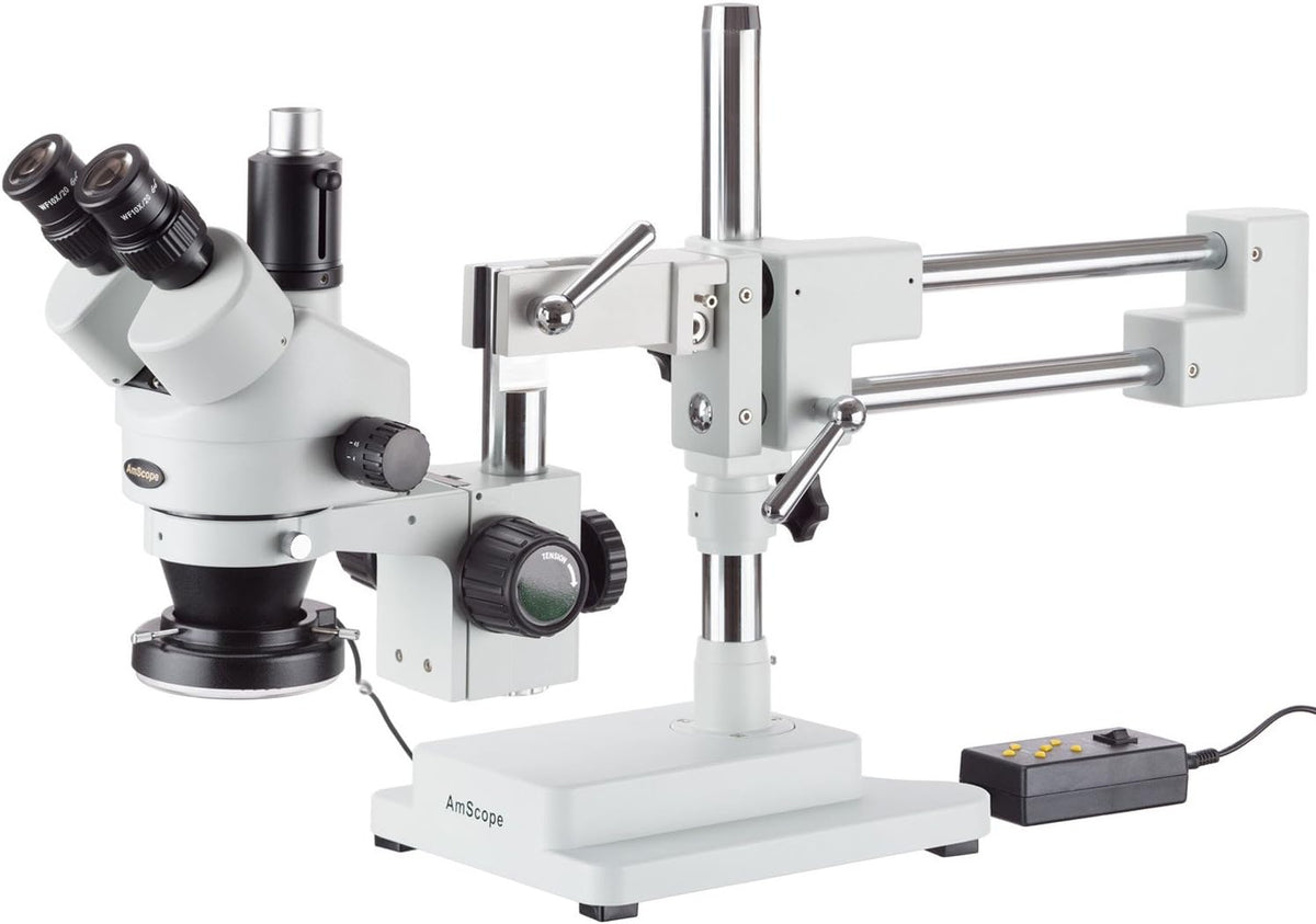 Trinocular Stereo Zoom Microscope, 3.5X-90X Magnification, 0.7X-4.5X Zoom Objective, LED Ring Light, Double-Arm Boom Stand, 0.5X and 2.0X Barlow Lens N975263