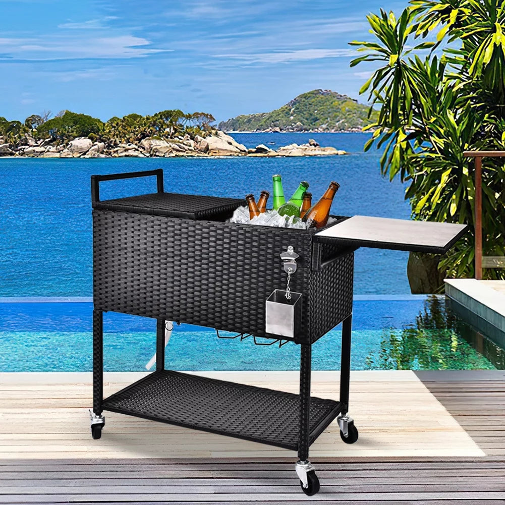 80 Quart Rattan Rolling Cooler Cart W1986