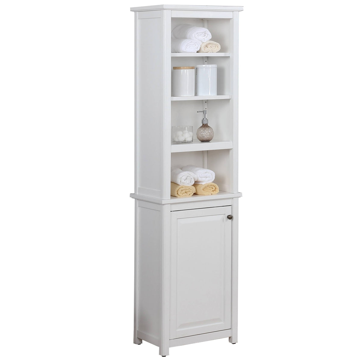 Bathroom Storage Tower with Open Upper Shelves and Lower Cabinet O641062