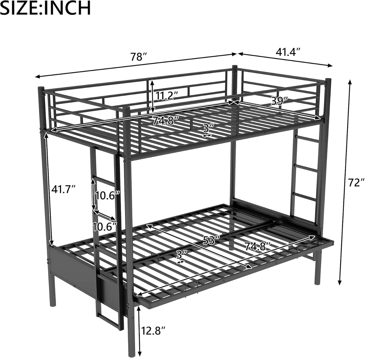 Twin Over Futon Full Bunk Bed with Metal Frame Black U7864