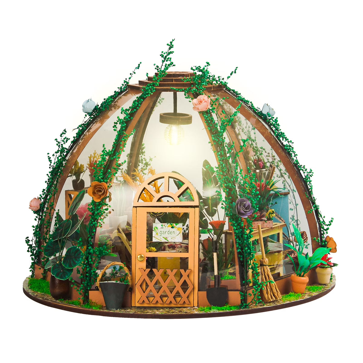DIY Miniature Dollhouse Kit Wooden Green House LED Light Kids Toy D5166