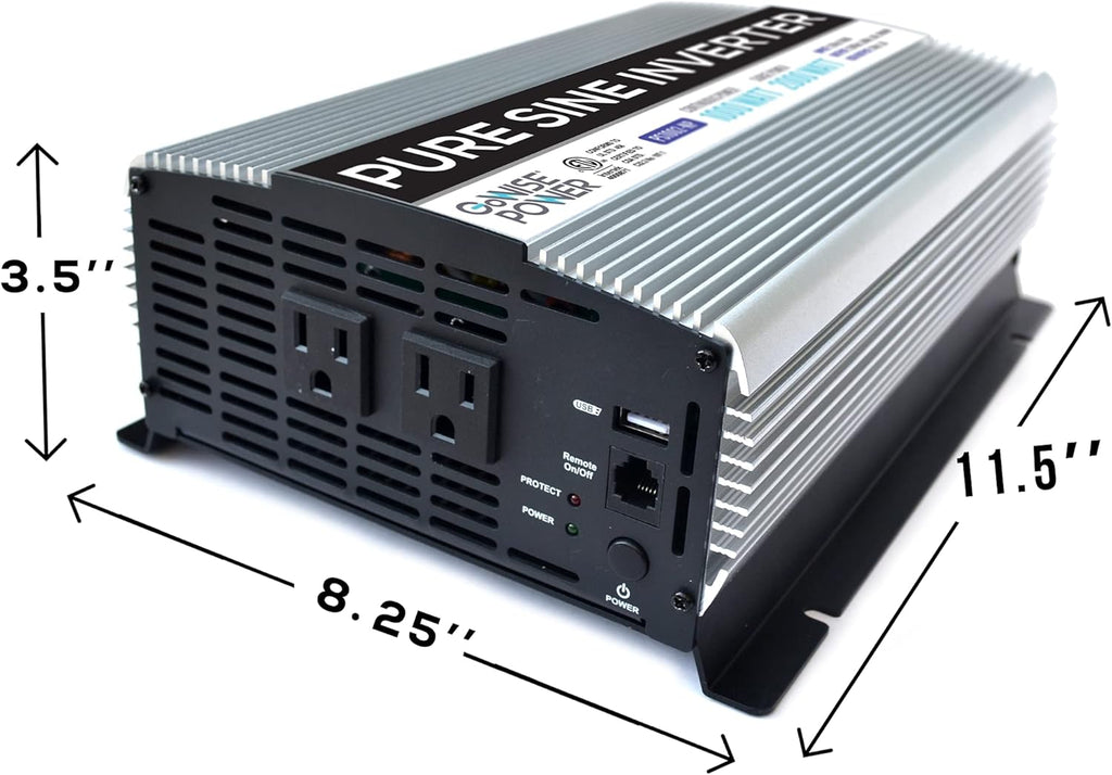 1000W Pure Sine Wave Inverter 12V DC to 120V AC with 2 AC Outlets and USB Port L1114