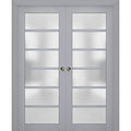Matte Grey Frosted Glass Sliding French Double Pocket Doors 48 x 80 inches Solid Wood K5141