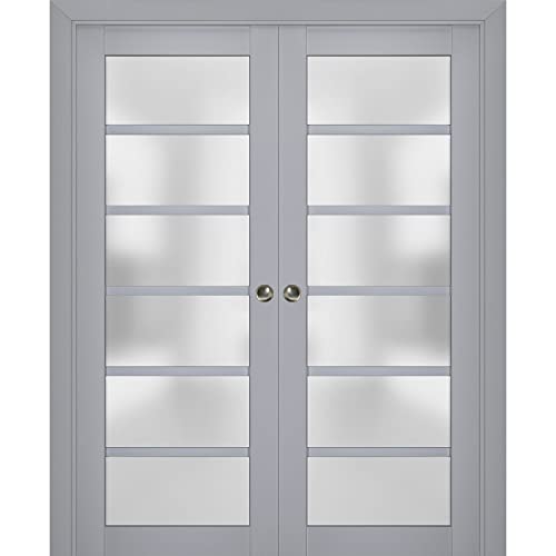 Matte Grey Frosted Glass Sliding French Double Pocket Doors 48 x 80 inches Solid Wood K5141