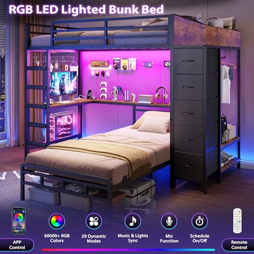 Twin Over Twin L-Shaped Bunk Bed with Desk, 5 Storage Drawers, Guardrail & Stairs, Black C5794