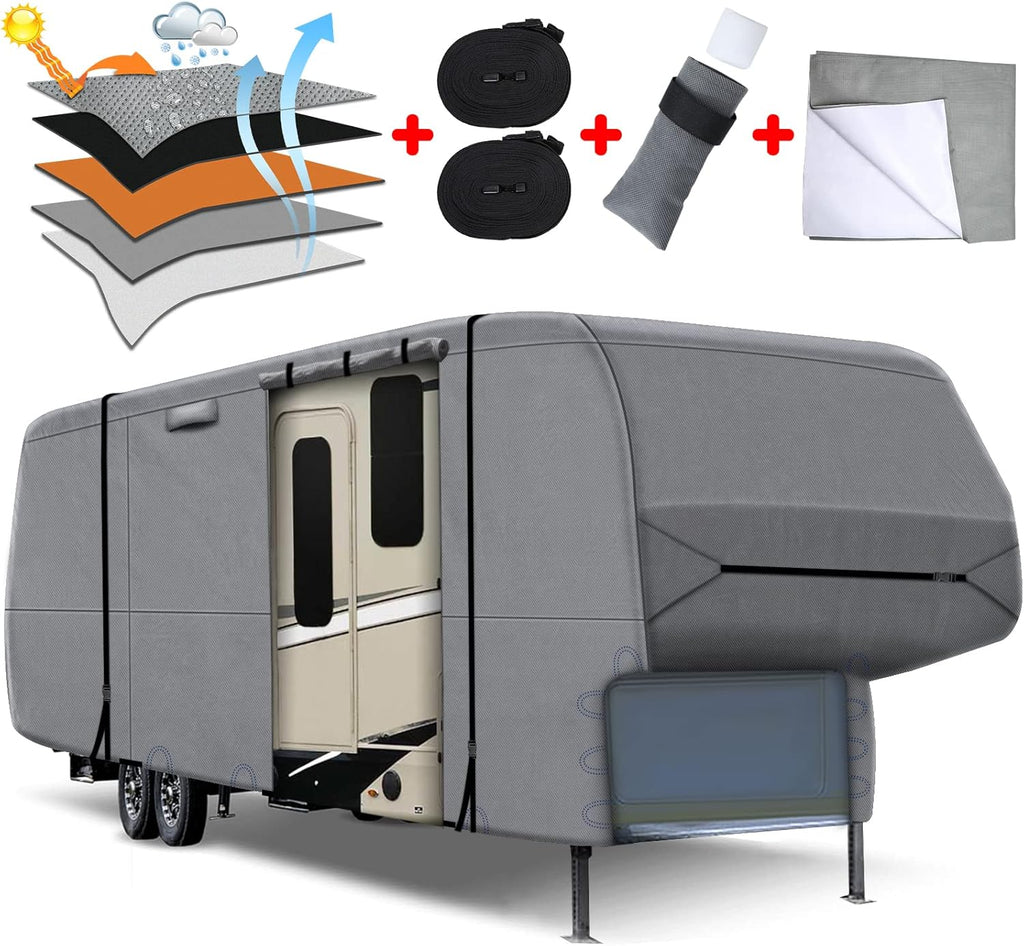 5th Wheel RV Cover Heavy Duty Camper Cover with 2Pcs Straps & Gutter Covers U64176