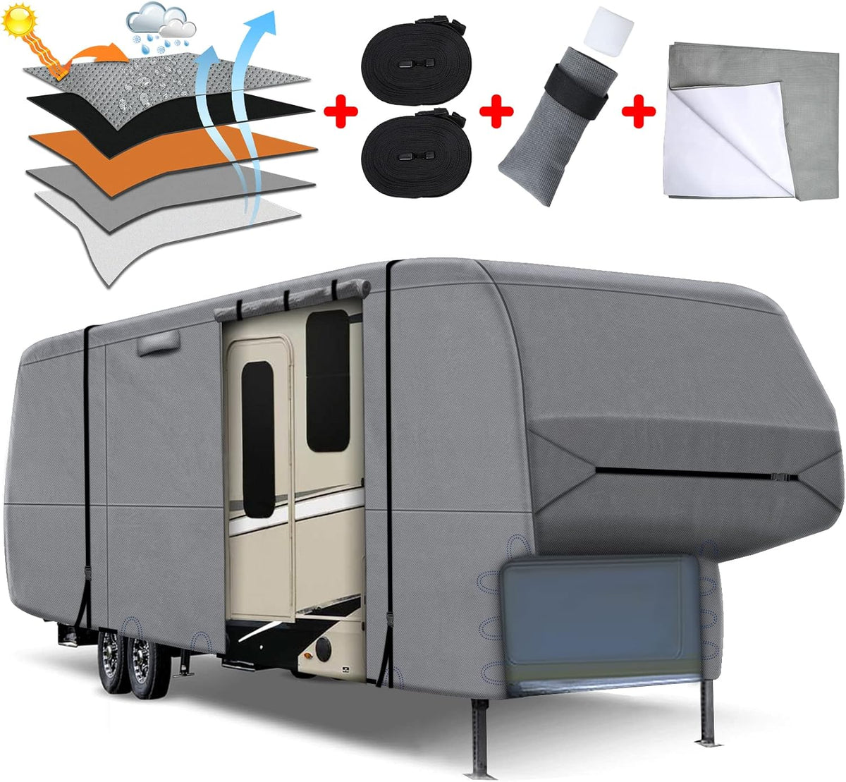 5th Wheel RV Cover Heavy Duty Camper Cover with 2Pcs Straps & Gutter Covers U64176