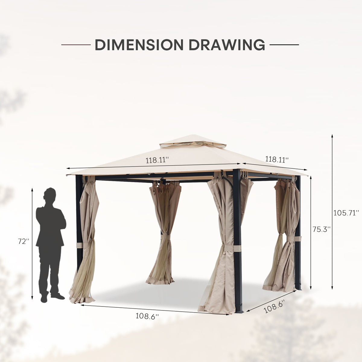 10 x 10 Outdoor Polyester Gazebo with Mosquito Netting and Privacy Curtains U524