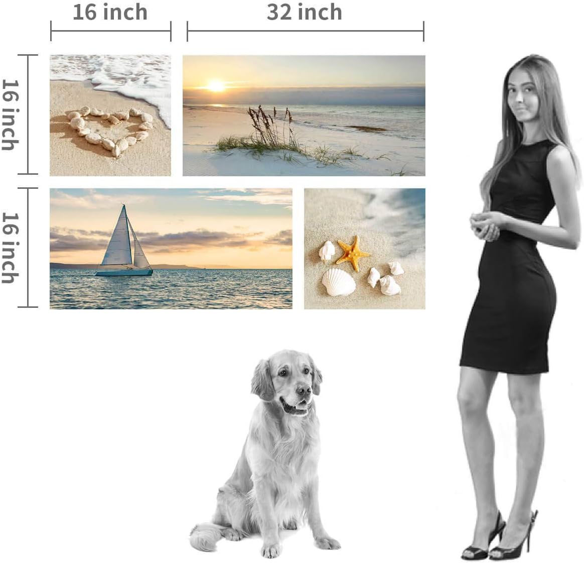 Sunset Canvas Art Seascape Painting with Sailboat Wall Art, 32'' x 16'' x 2 Panels + 16'' x 16'' x 2 Panels P14619