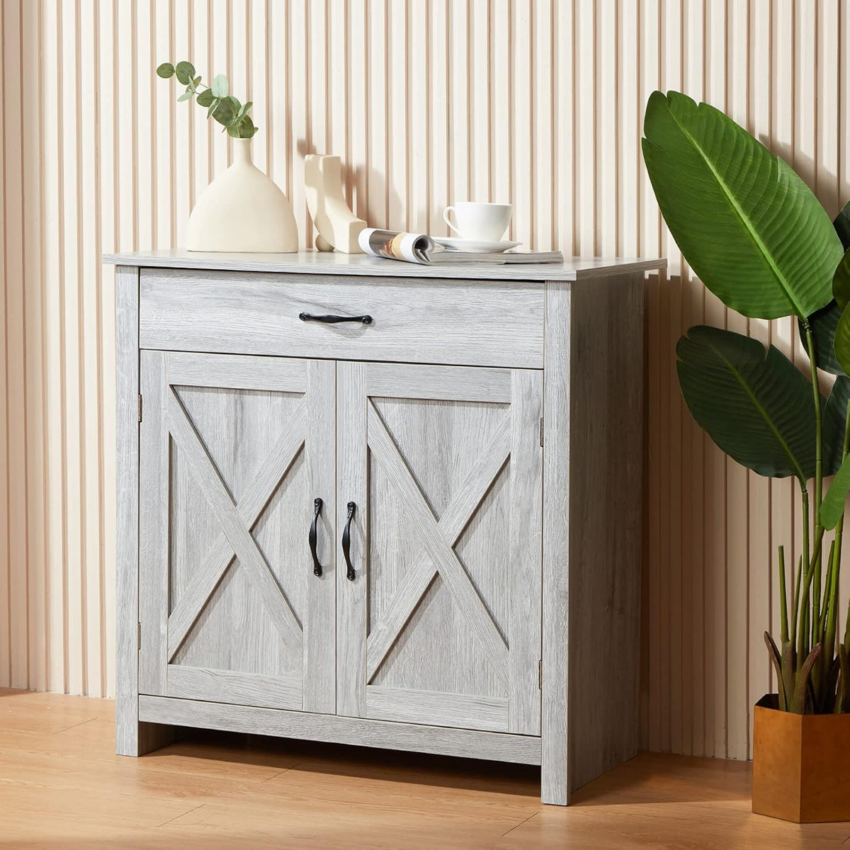 Grey Storage Cabinet with Drawer and 3-Tier Adjustable Shelves W61565