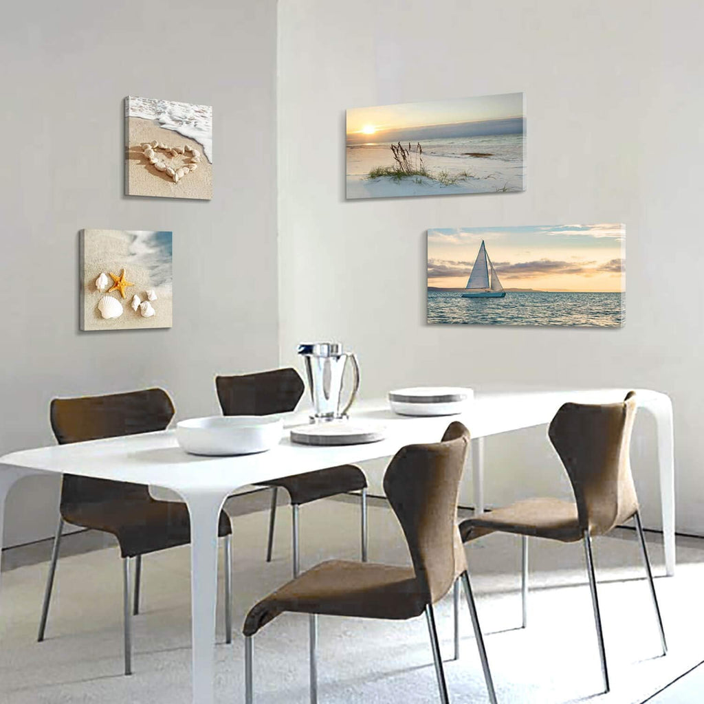 Sunset Canvas Art Seascape Painting with Sailboat Wall Art, 32'' x 16'' x 2 Panels + 16'' x 16'' x 2 Panels P14619