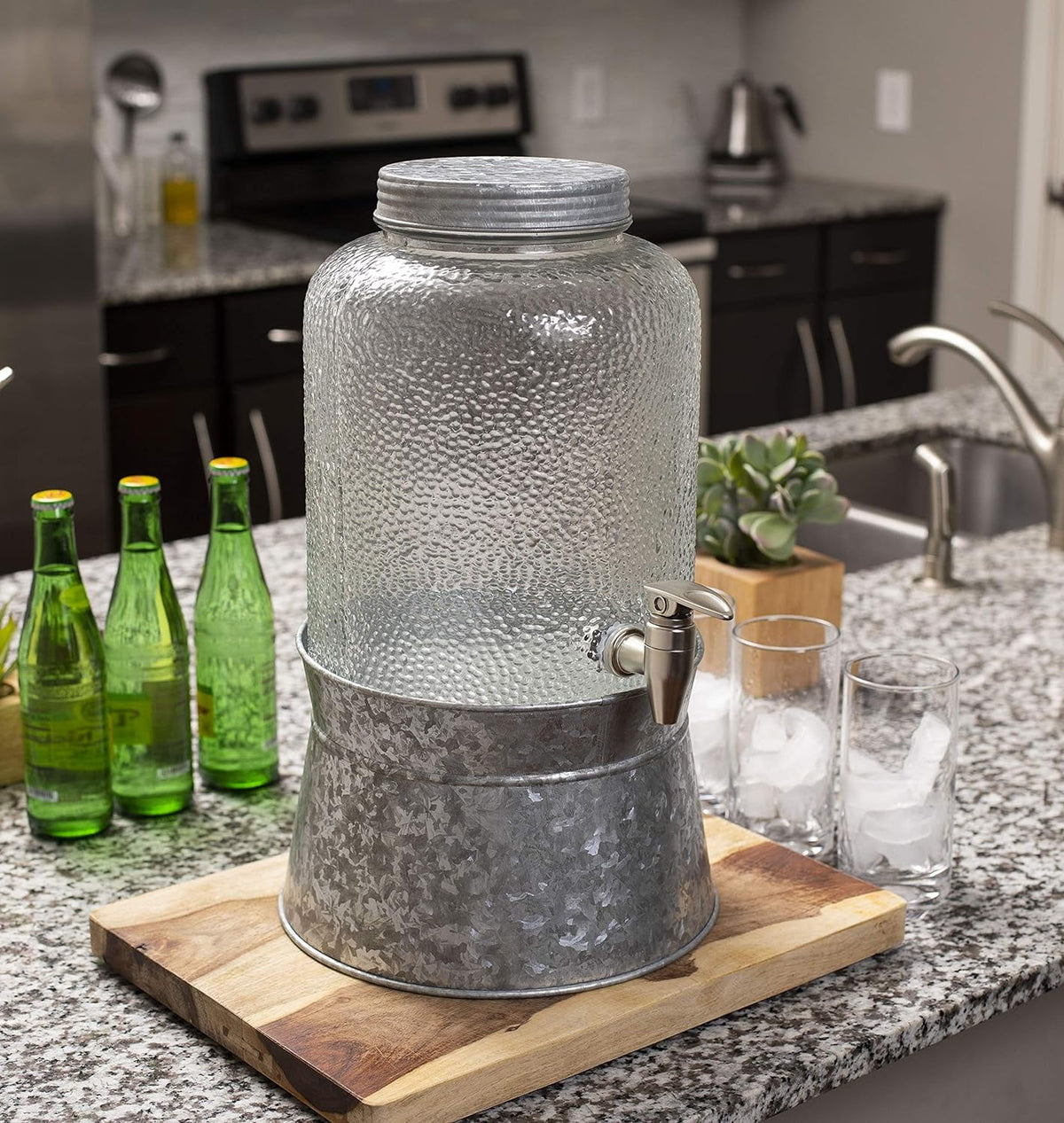 Pebbled Glass Beverage Dispenser With Galvanized Stand O607