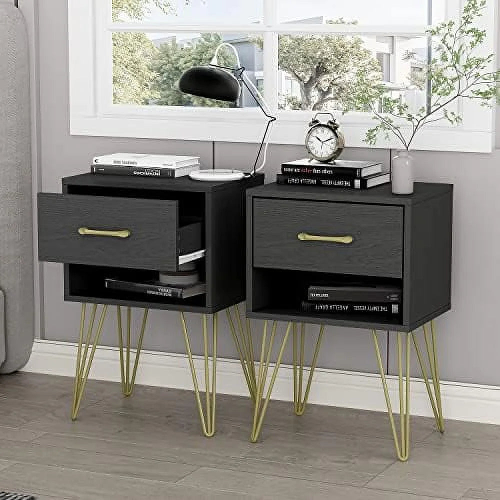 Black Nightstand Set of 2 Wooden End Table with Drawer V270