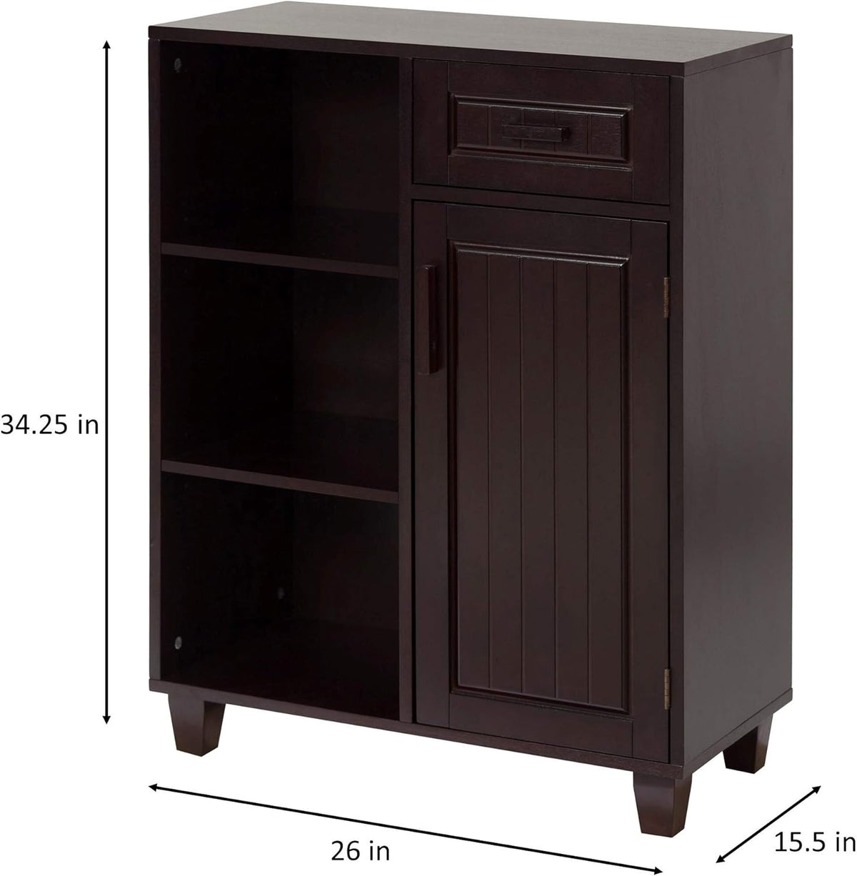 Espresso Wooden Freestanding Floor Cabinet with 3 Open Shelves 1 Drawer 1 Door V614