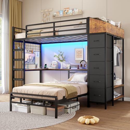 Twin Over Twin L-Shaped Bunk Bed with Desk, 5 Storage Drawers, Guardrail & Stairs, Black C5794