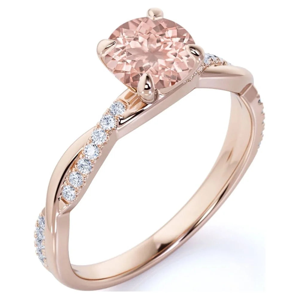 Peach Pink 1 Carat Round Cut Created Morganite and Moissanite Engagement Ring in 18k Gold Over Sterling Silver E86452