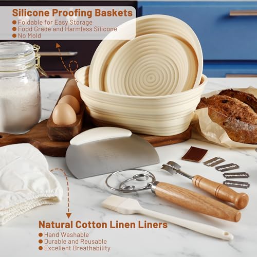 9.5 Inch Round & 10.5 Inch Oval Foldable Sourdough Bread Proofing Basket with Linen Liner Q788