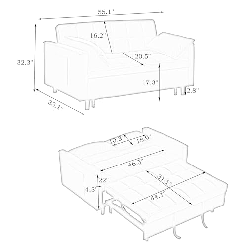 Beige Velvet Convertible Sleeper Sofa Bed with 2 Pillows G308164