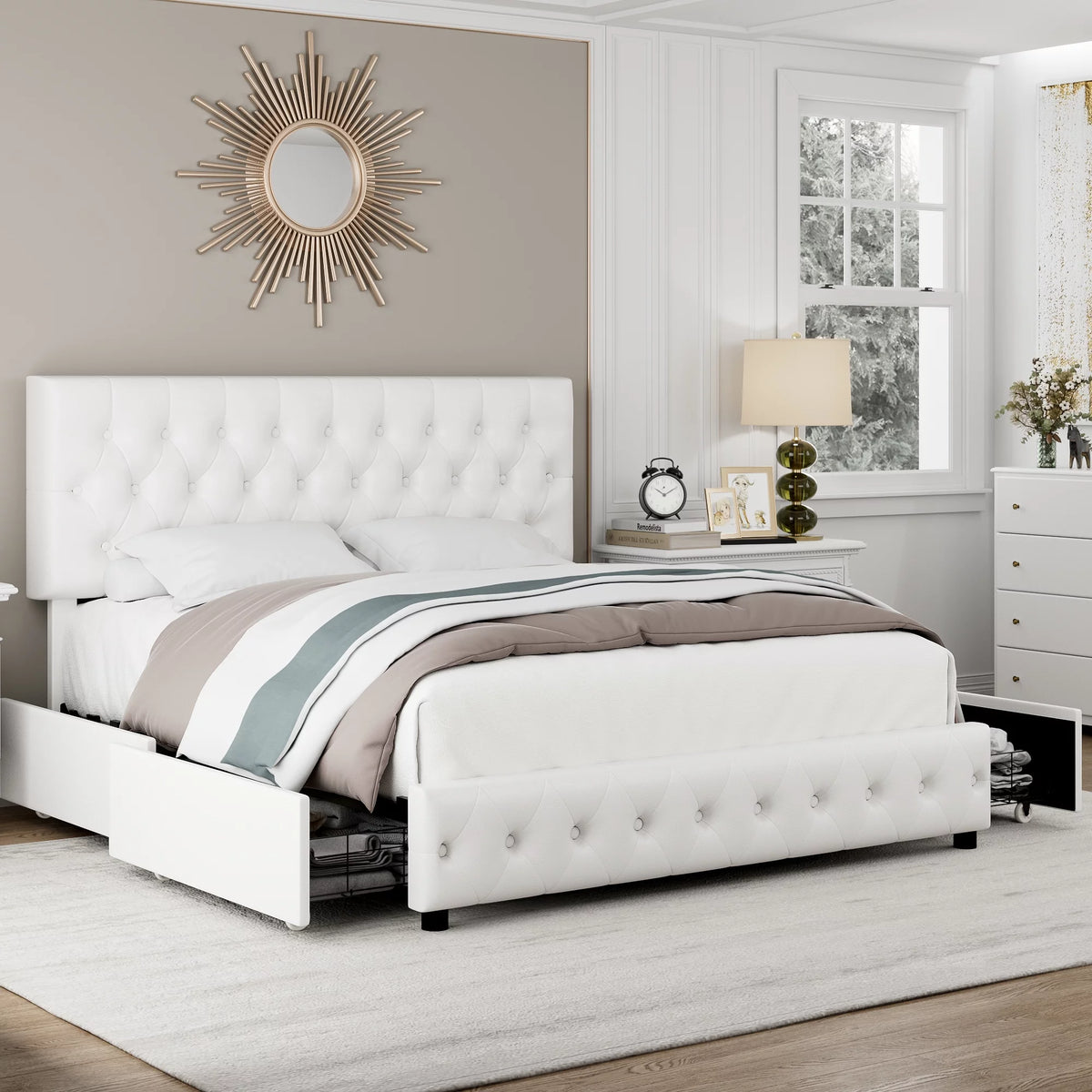 King White Faux Leather Upholstered Storage Bed Frame with 4 Drawers H867