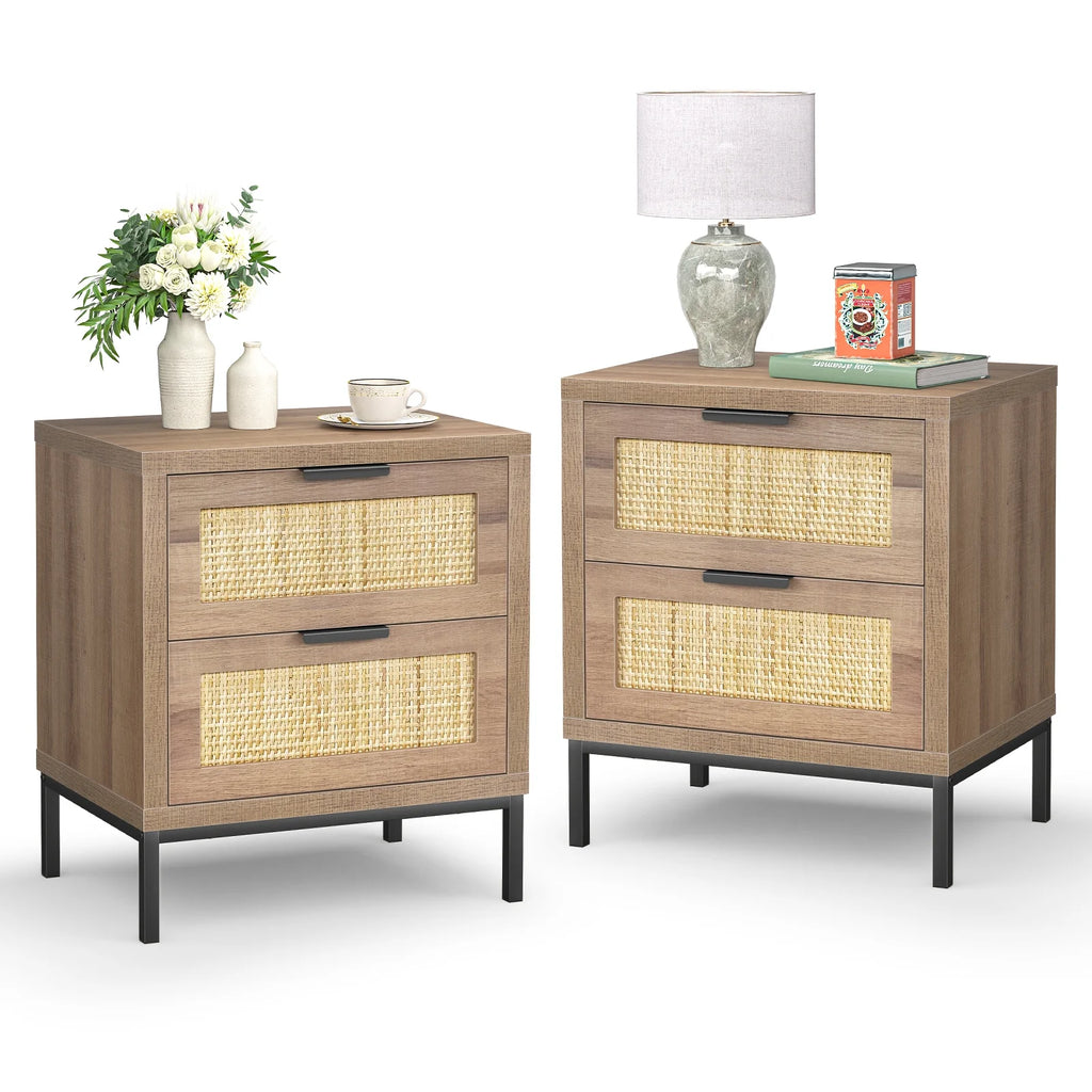 Modern Farmhouse 2 Rattan Drawer Wood Nightstand E959