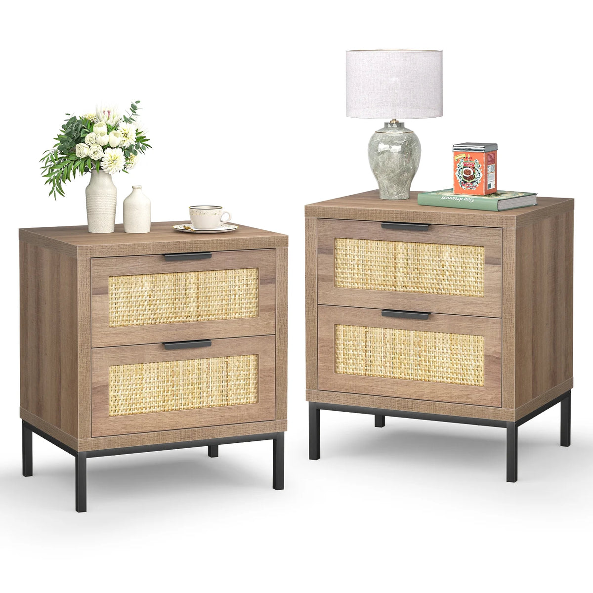 Modern Farmhouse 2 Rattan Drawer Wood Nightstand E959