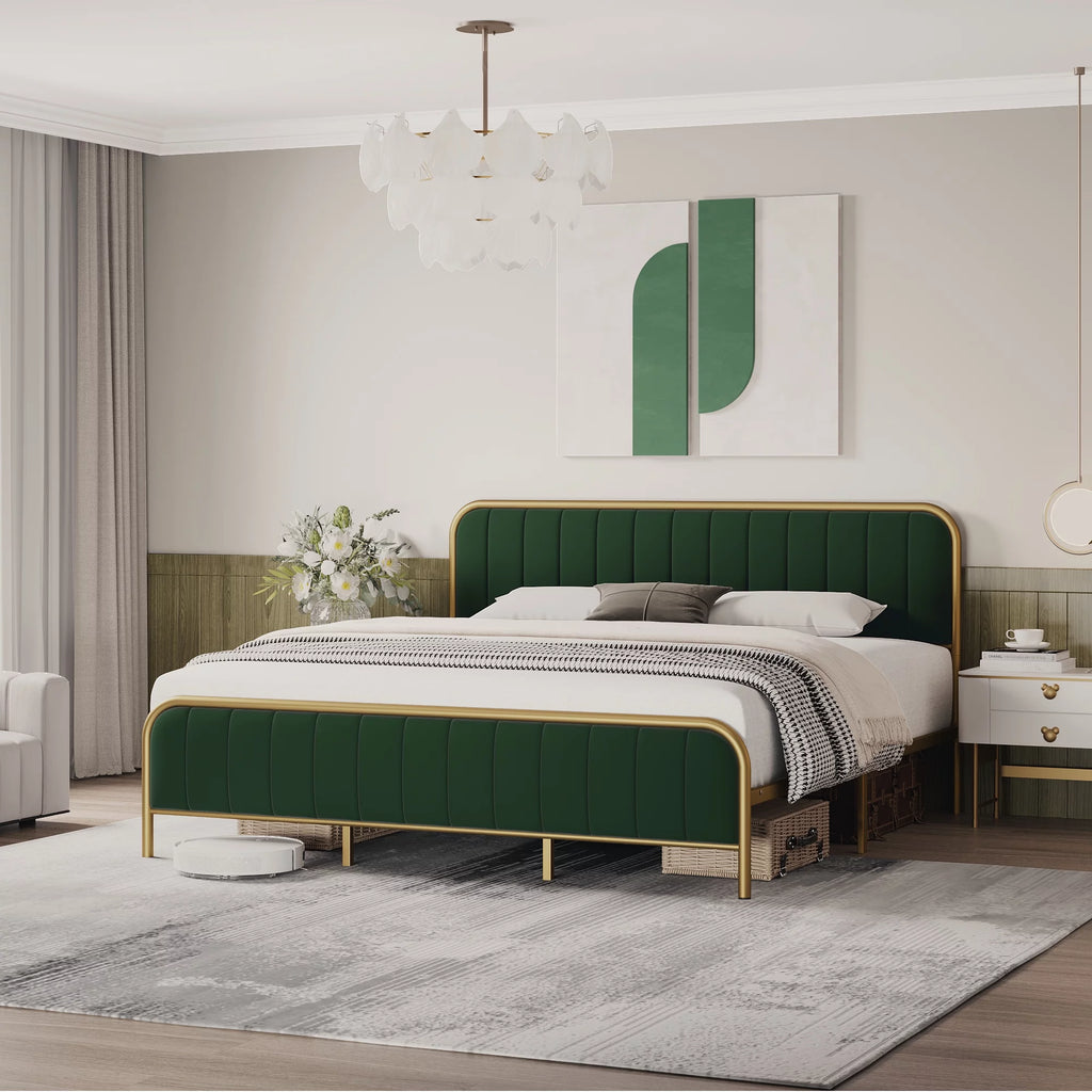 Green Full Size Upholstered Platform Bed Frame with Button Tufted Headboard M884212