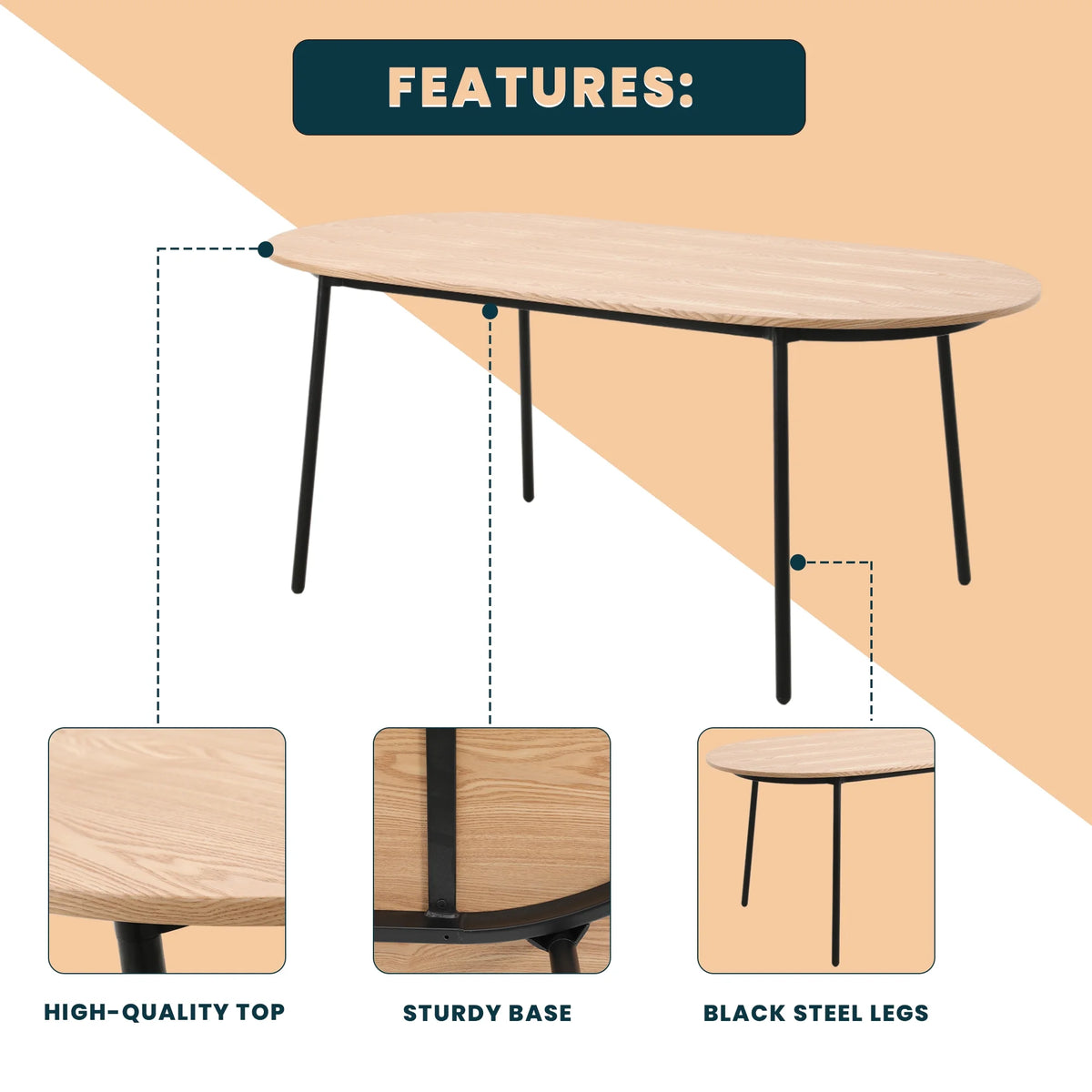 83" Oval Dining Table with MDF Top and Black Steel Legs P33152