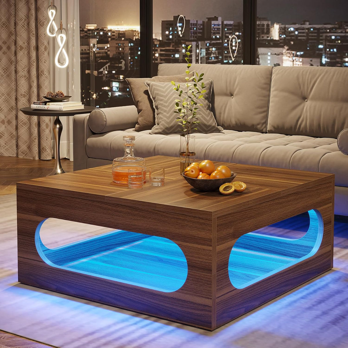 Brown Wood Coffee Table with Storage and LED Light S923594