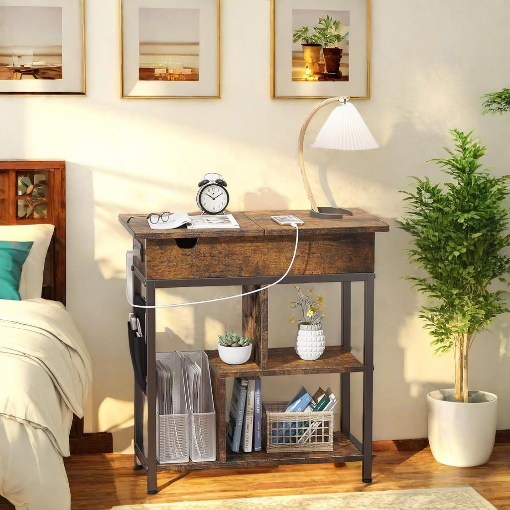 Side Table with Charging Station, Flip Top End Table with USB Ports and Outlets J8219