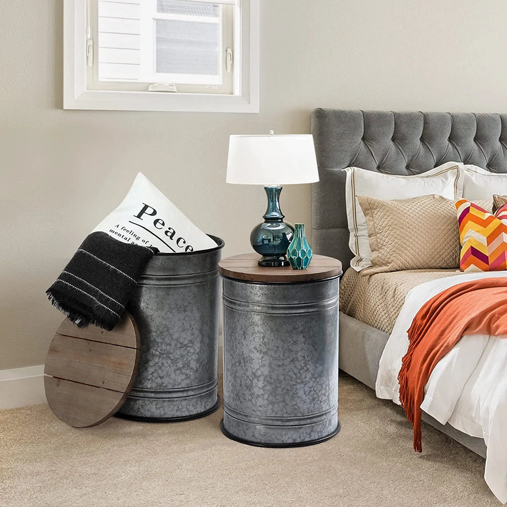 Galvanized Metal Side Table with Wood Lid M7056