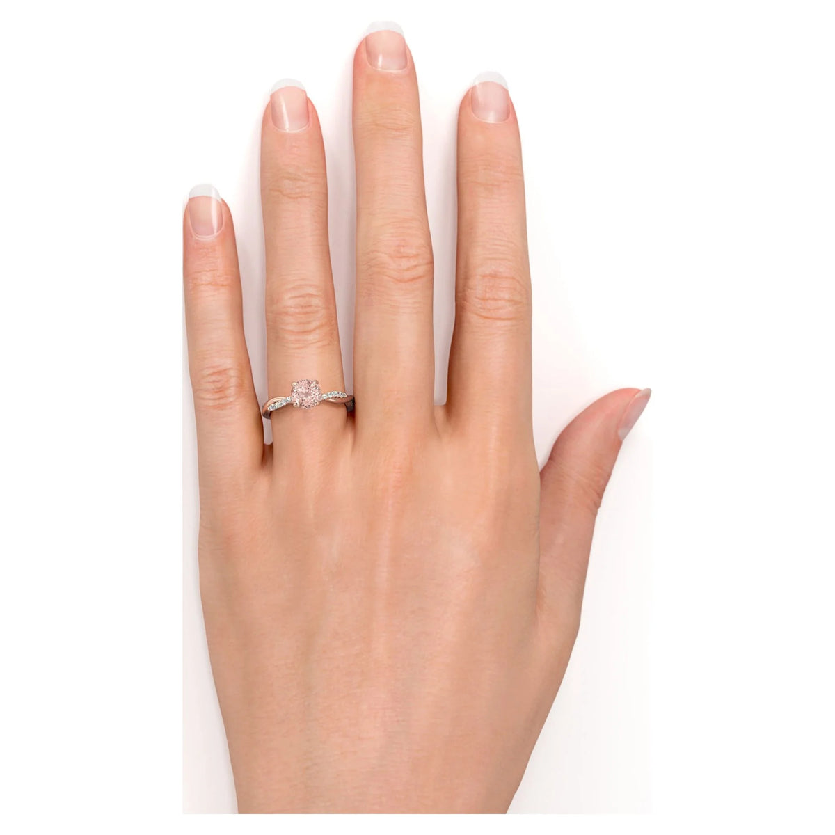 Peach Pink 1 Carat Round Cut Created Morganite and Moissanite Engagement Ring in 18k Gold Over Sterling Silver E86452