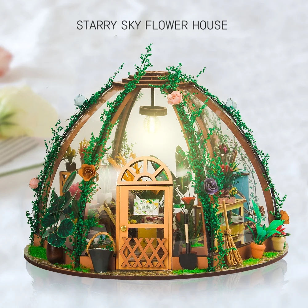DIY Miniature Dollhouse Kit Wooden Green House LED Light Kids Toy D5166