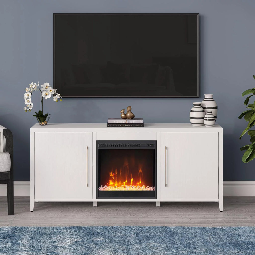 White Rectangular TV Stand with Fireplace U9089