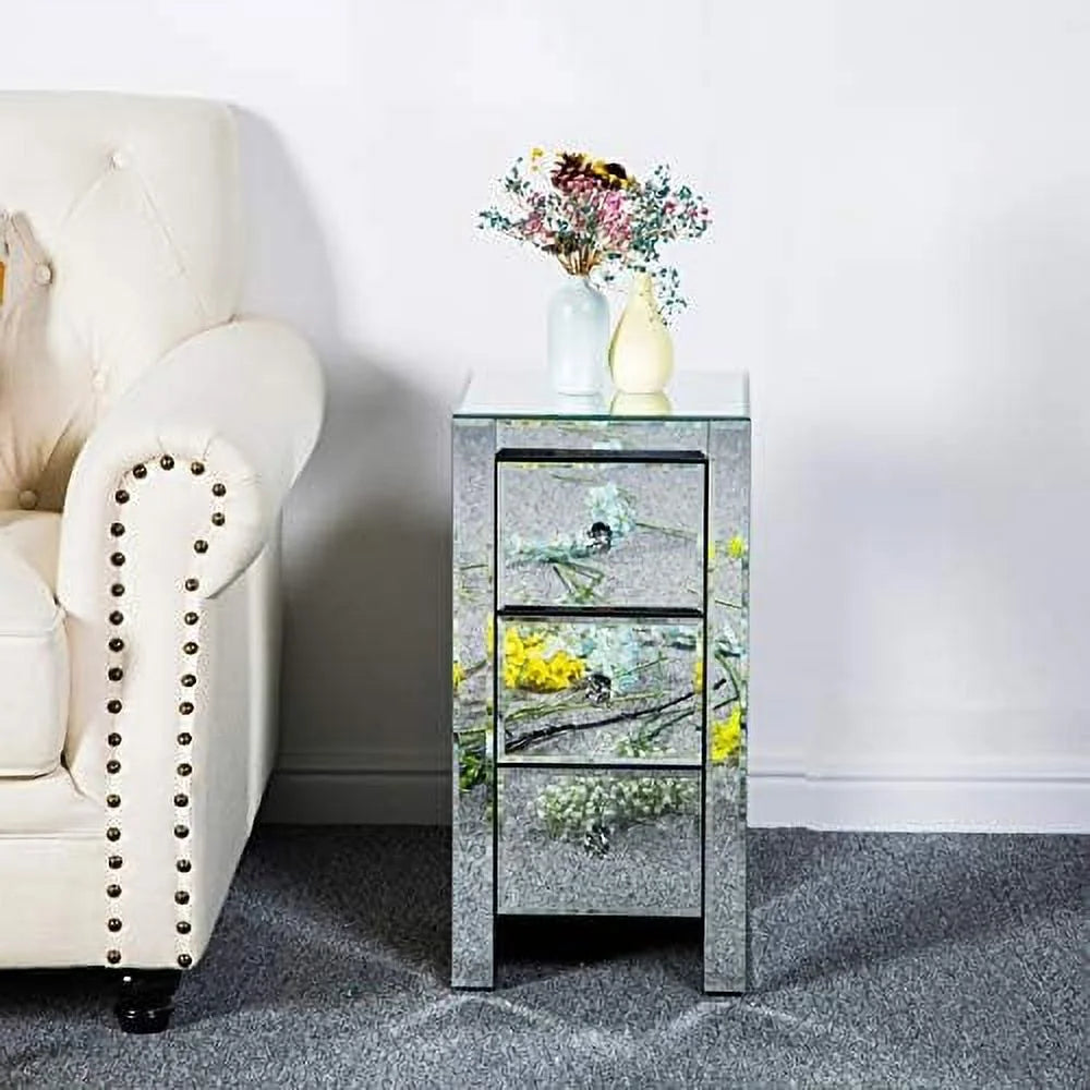 Mirrored Nightstand with 3 Drawers Silver L3469
