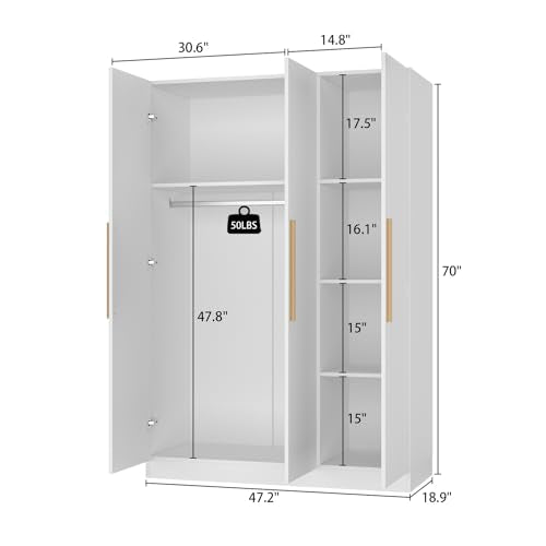 White 3 Door Armoire Wardrobe with Shelves U1822