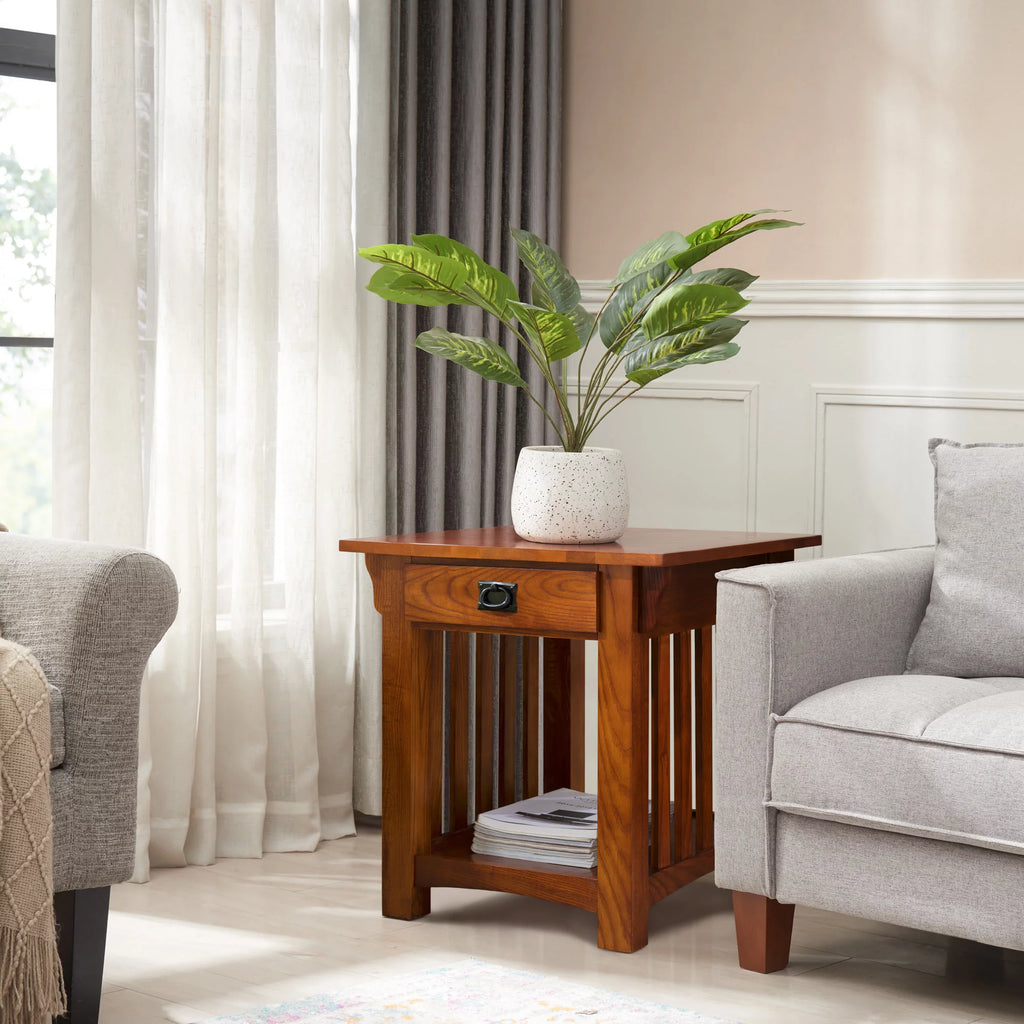 Medium Oak Solid Wood End Table with Drawer D957