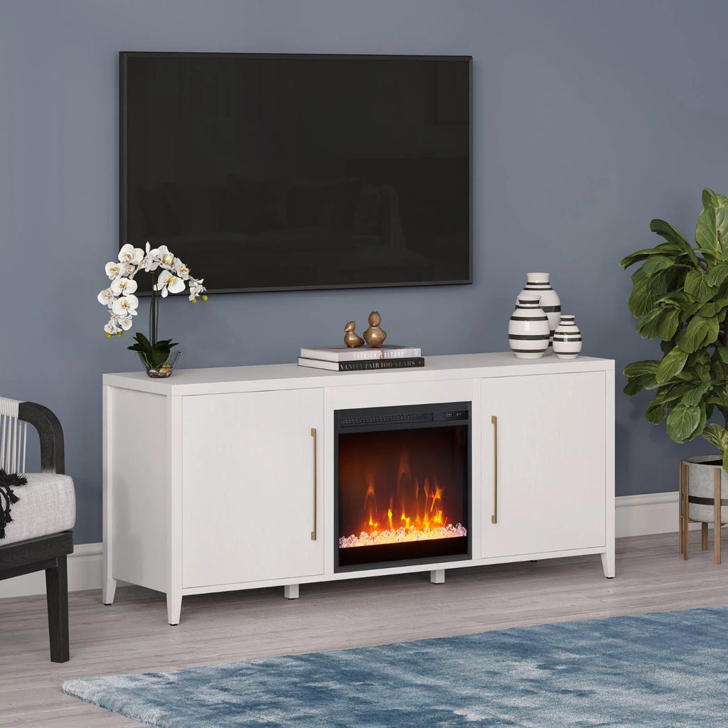 White Rectangular TV Stand with Fireplace U9089