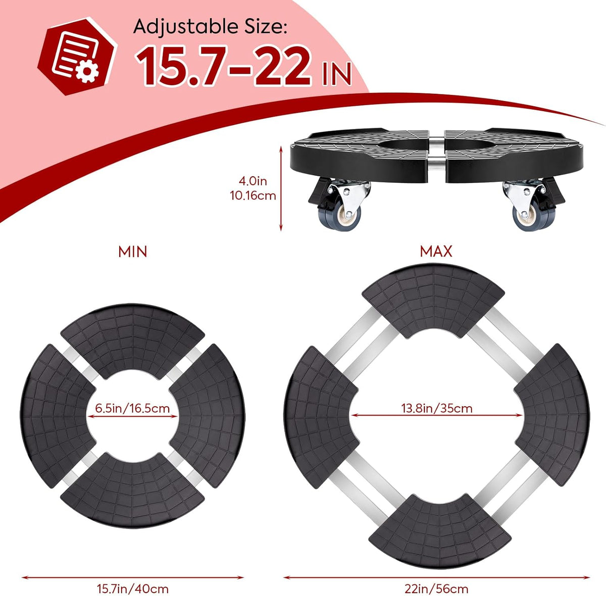 Plant Caddy with Wheels Heavy Duty, 550LBS Adjustable 15.7in-22in Large Plant Stand with Dual Lockable Casters M865
