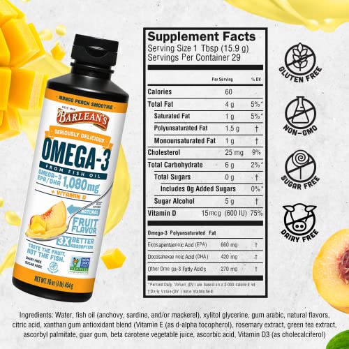 Mango Peach Omega 3 Fish Oil Liquid Supplement, 16 oz R1738