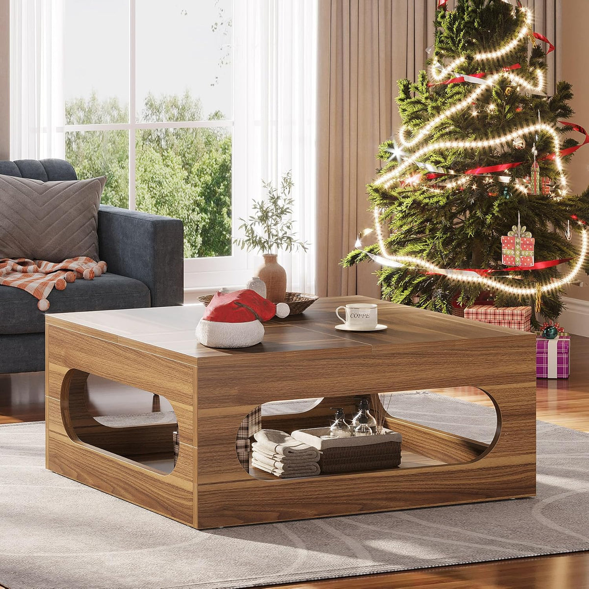 Brown Wood Coffee Table with Storage and LED Light S923594