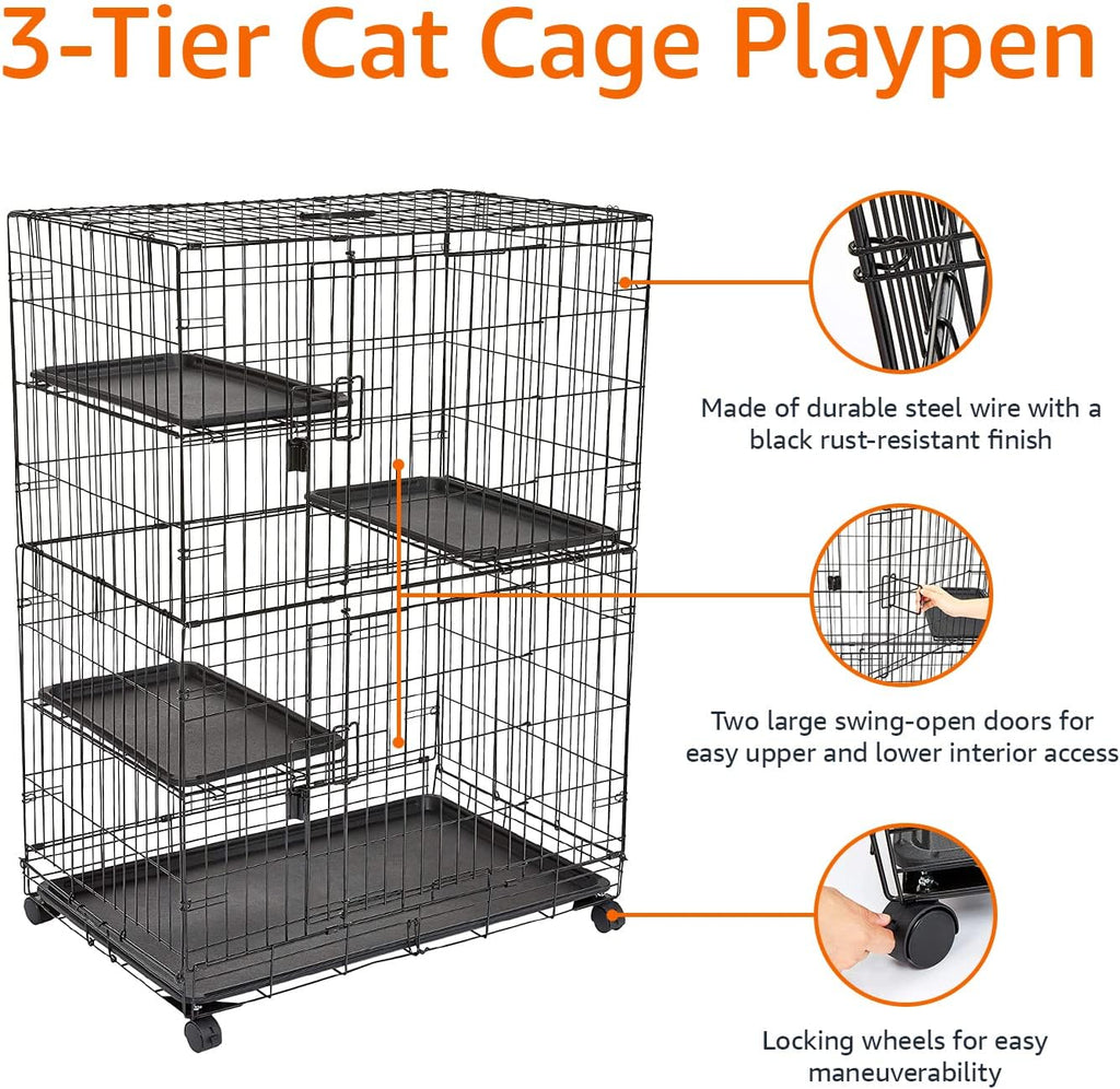 Large 3-Tier Cat Playpen Cage Crate Kennel, Black Z303