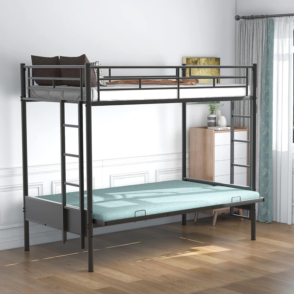 Twin Over Futon Full Bunk Bed with Metal Frame Black U7864