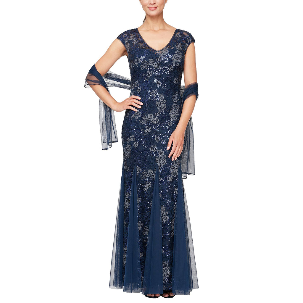 Illusion V-Neck Embroidered Lace Gown U674