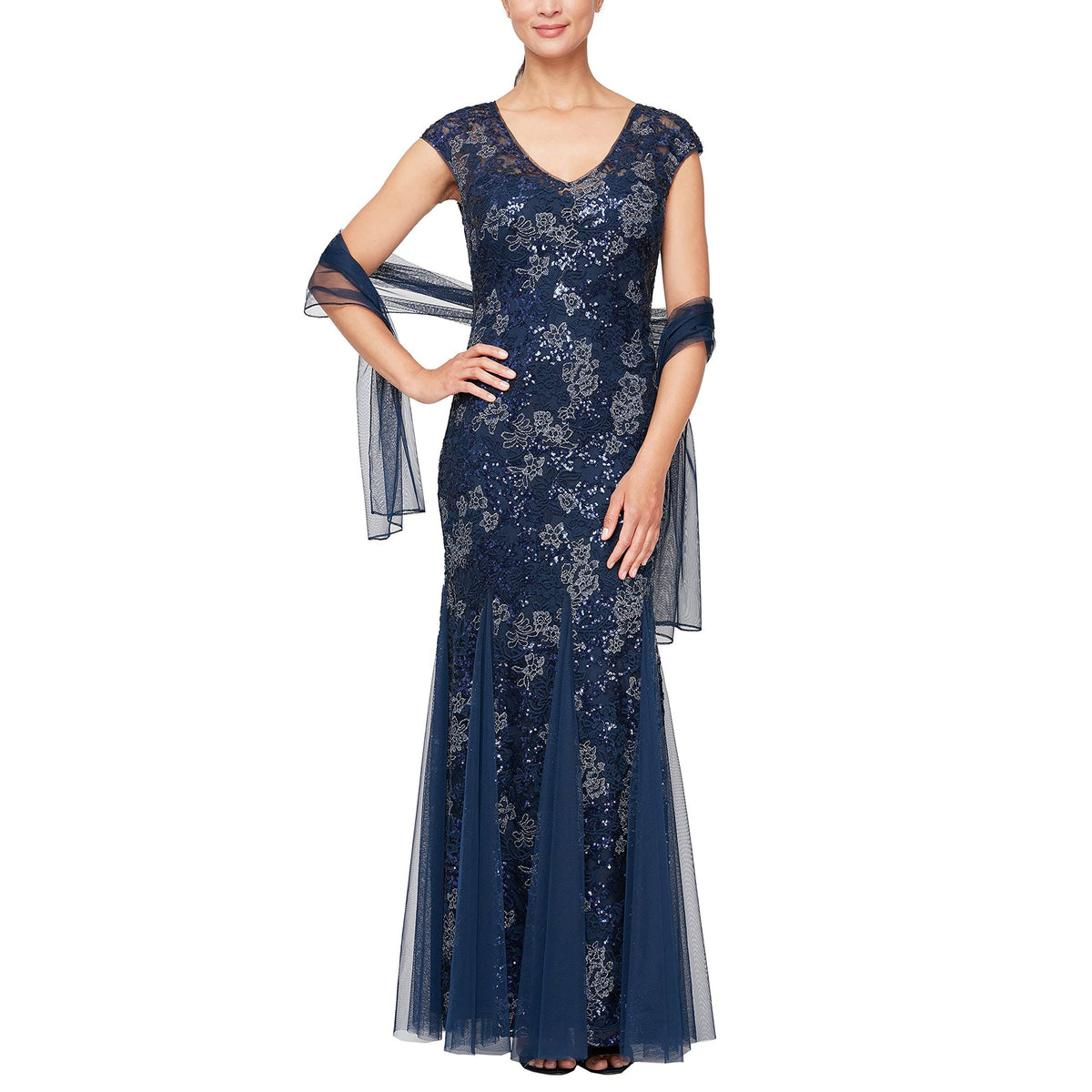 Illusion V-Neck Embroidered Lace Gown U674