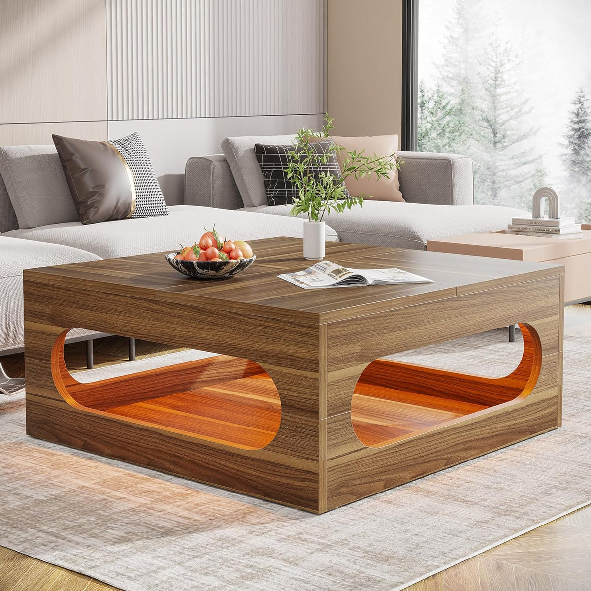 Brown Wood Coffee Table with Storage and LED Light S923594